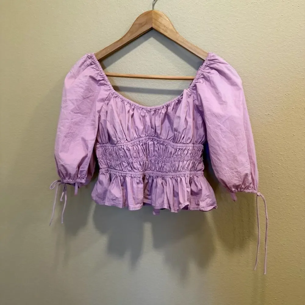 Staud Purple Smocked Sexy Sweetheart Crop Puff Sleeve Blouse Top 8